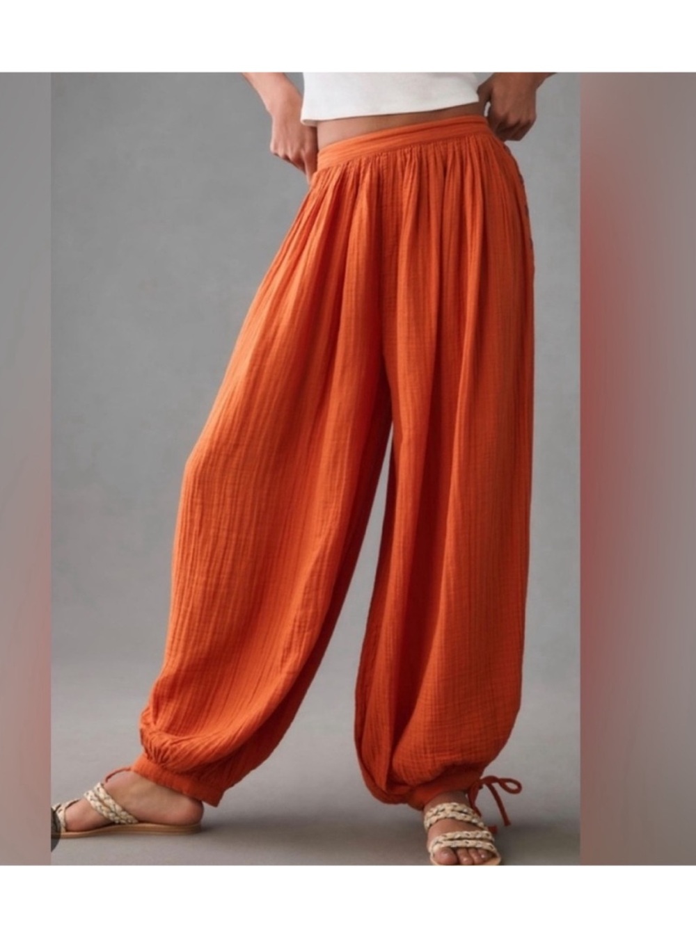 Anthropologie Rust Orange Wide-Leg Gauze Drawstring Pants